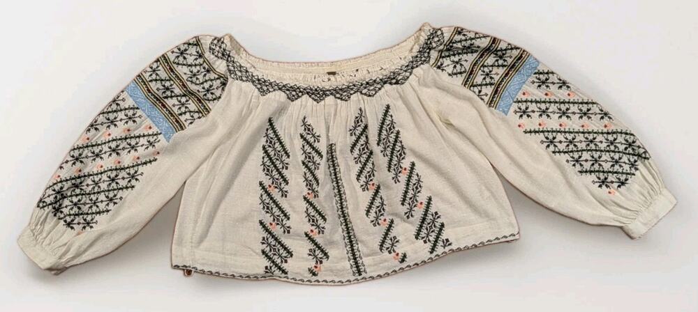 Free People XS Embroidered Peasant Blouse Ivory Boho Gauze Cropped Long Sleeve